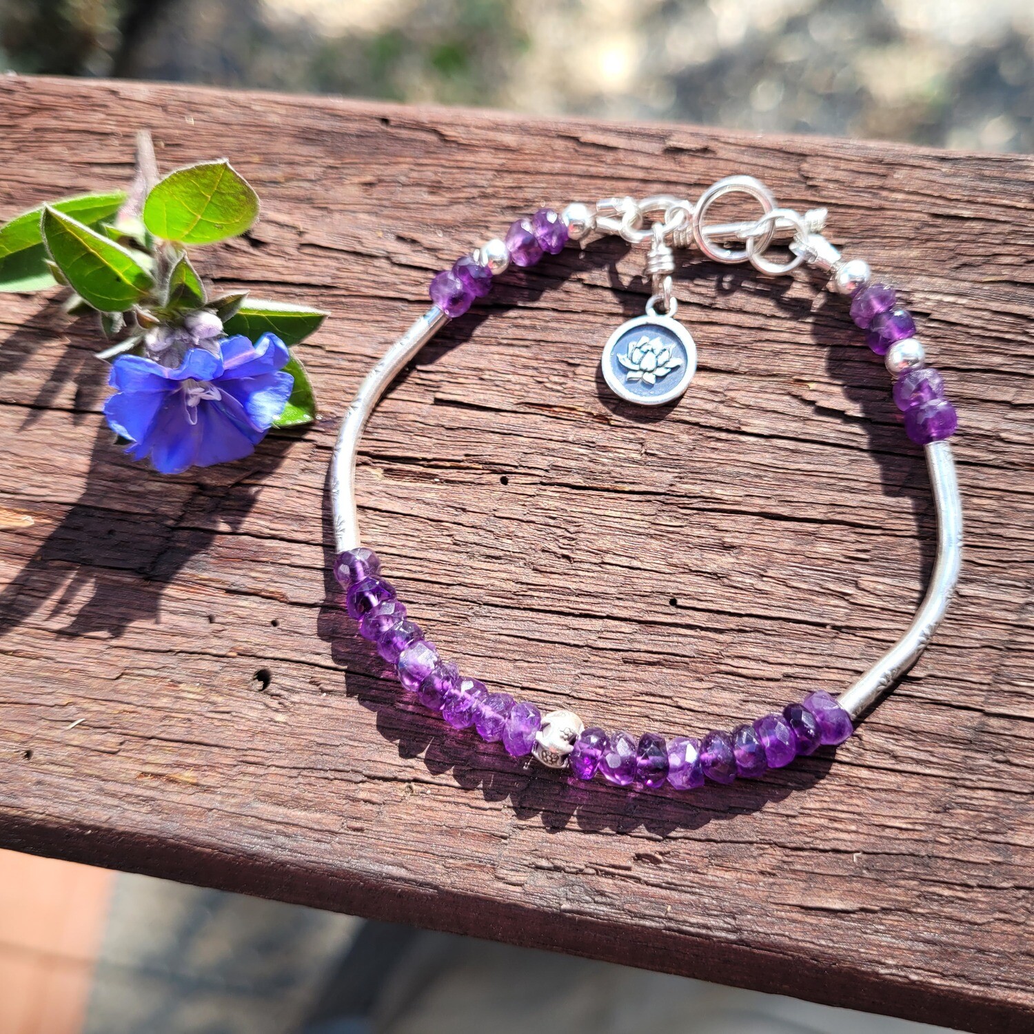 Amethyst and Sterling Silver Lotus Bracelet