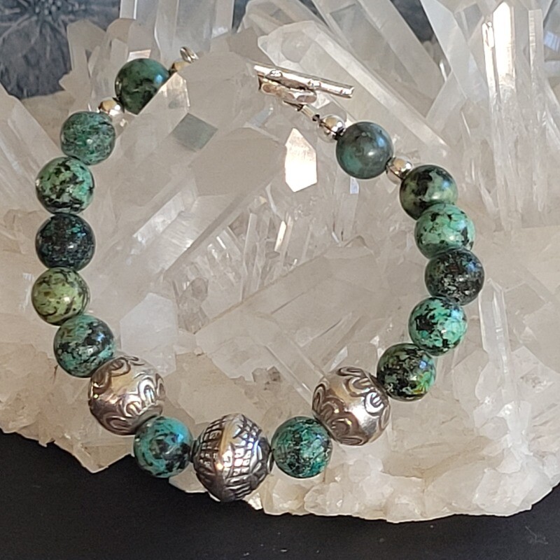 African Turquoise and Karen Hilltribe Silver Bracelet