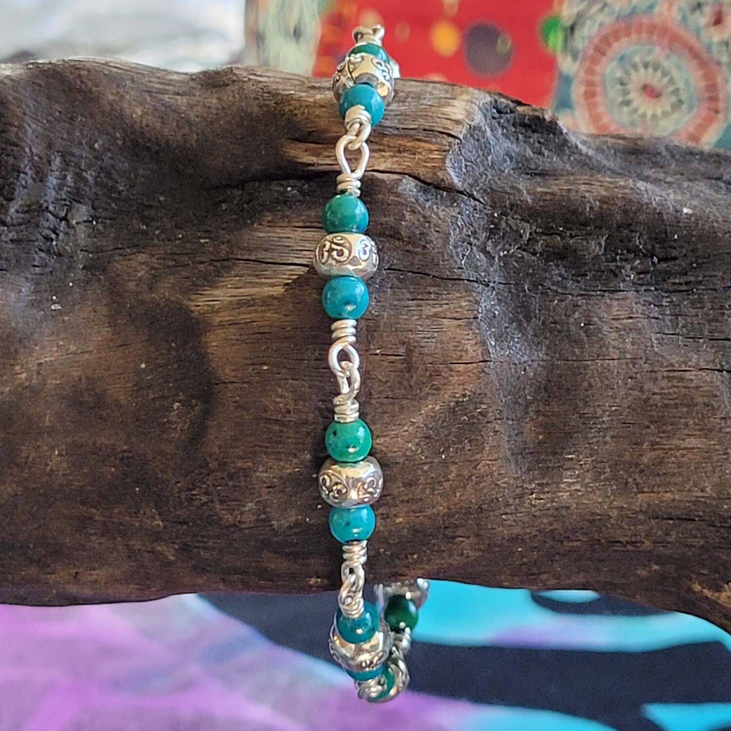 Azurite Chrysocolla and Sterling Silver linked Ohm Bracelet