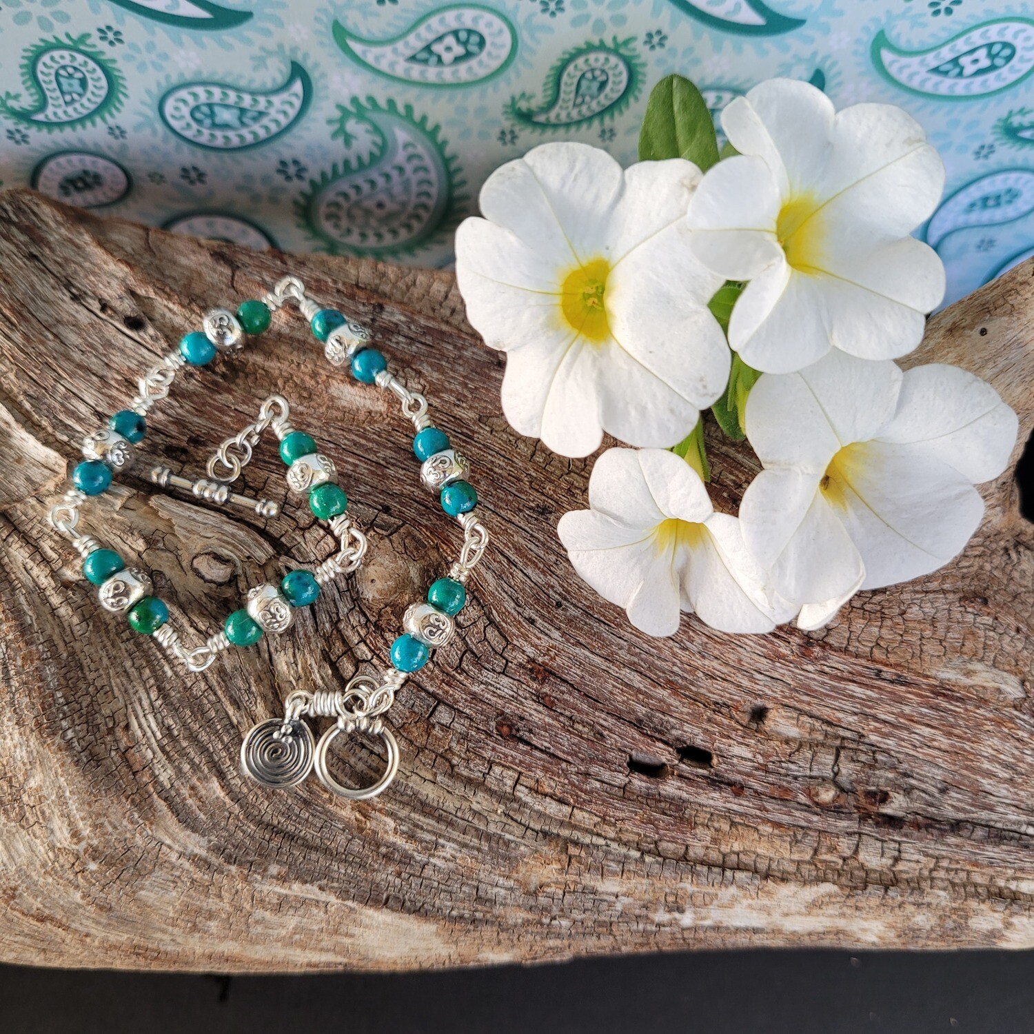 Azurite Chrysocolla and Sterling Silver linked Ohm Bracelet