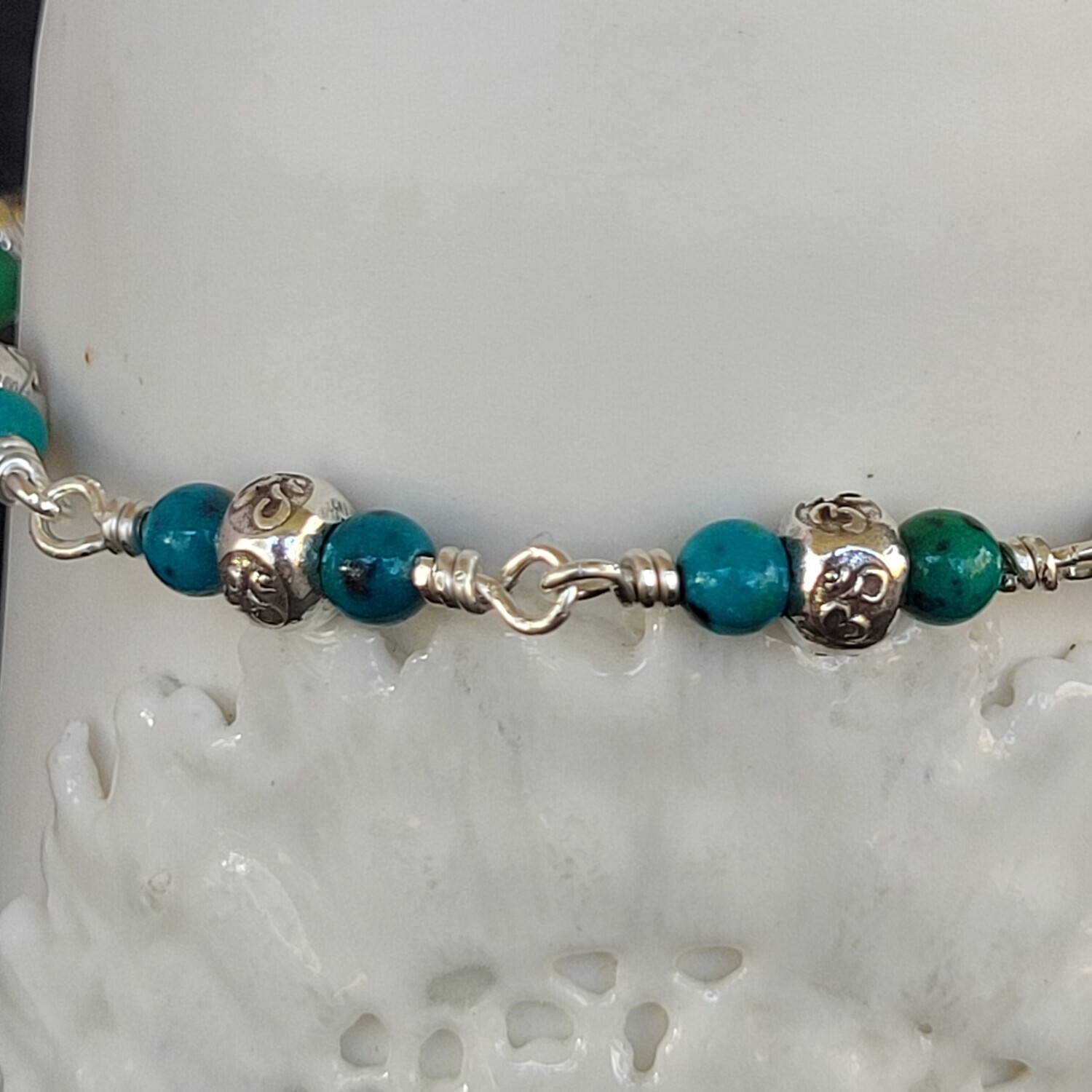 Azurite Chrysocolla and Sterling Silver linked Ohm Bracelet