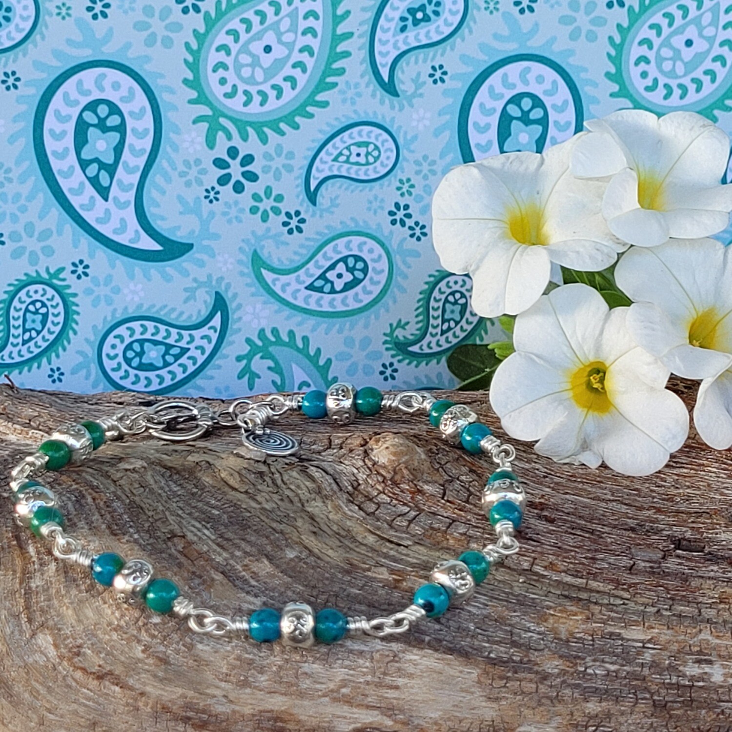 Azurite Chrysocolla and Sterling Silver linked Ohm Bracelet