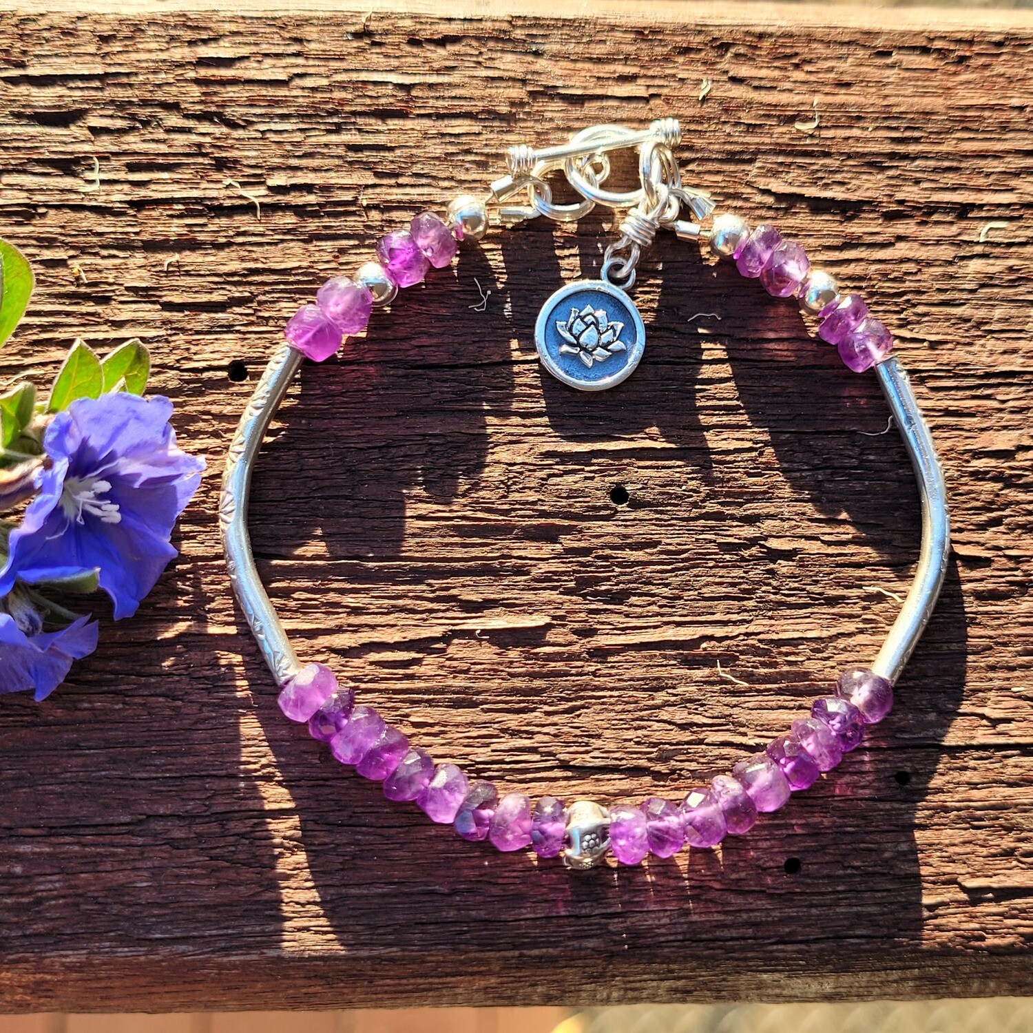 Amethyst and Sterling Silver Lotus Bracelet