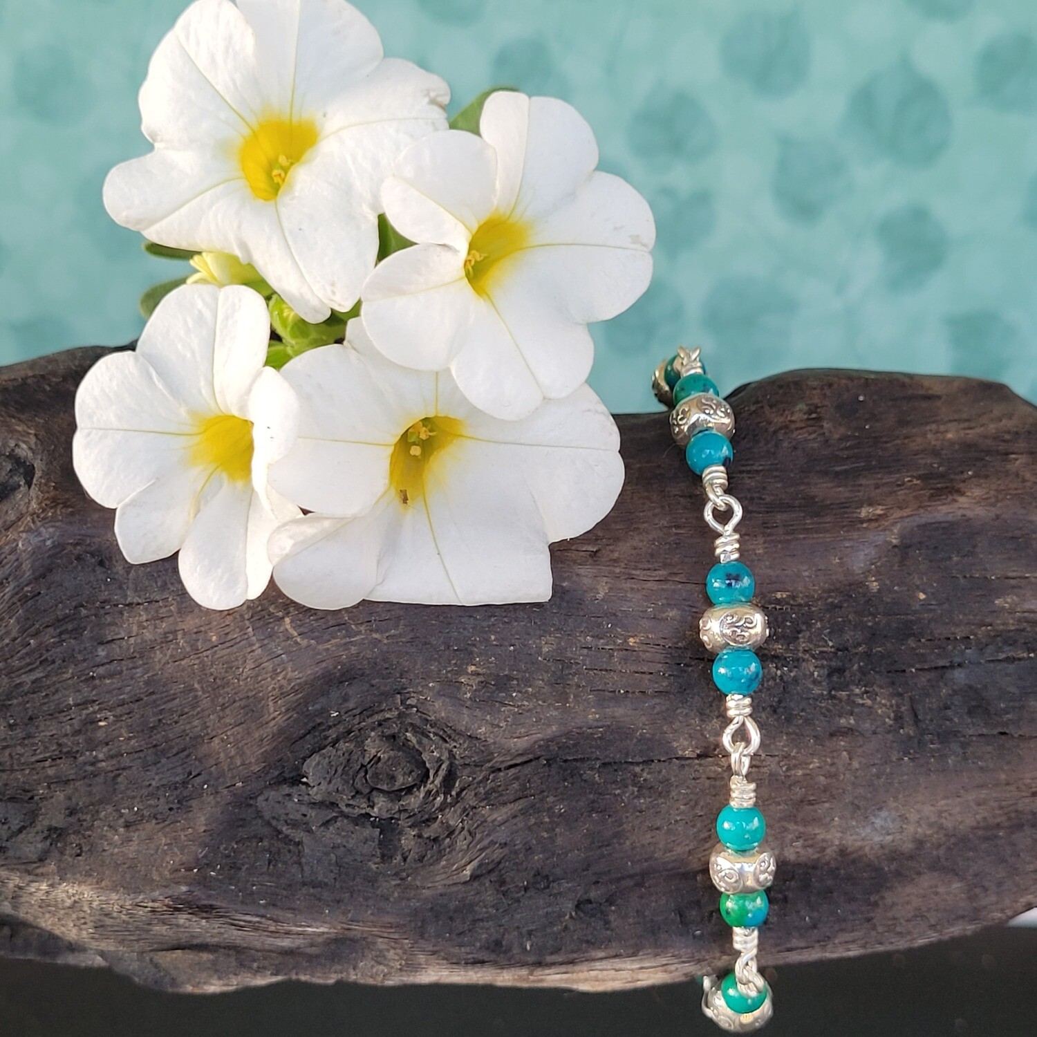 Azurite Chrysocolla and Sterling Silver linked Ohm Bracelet