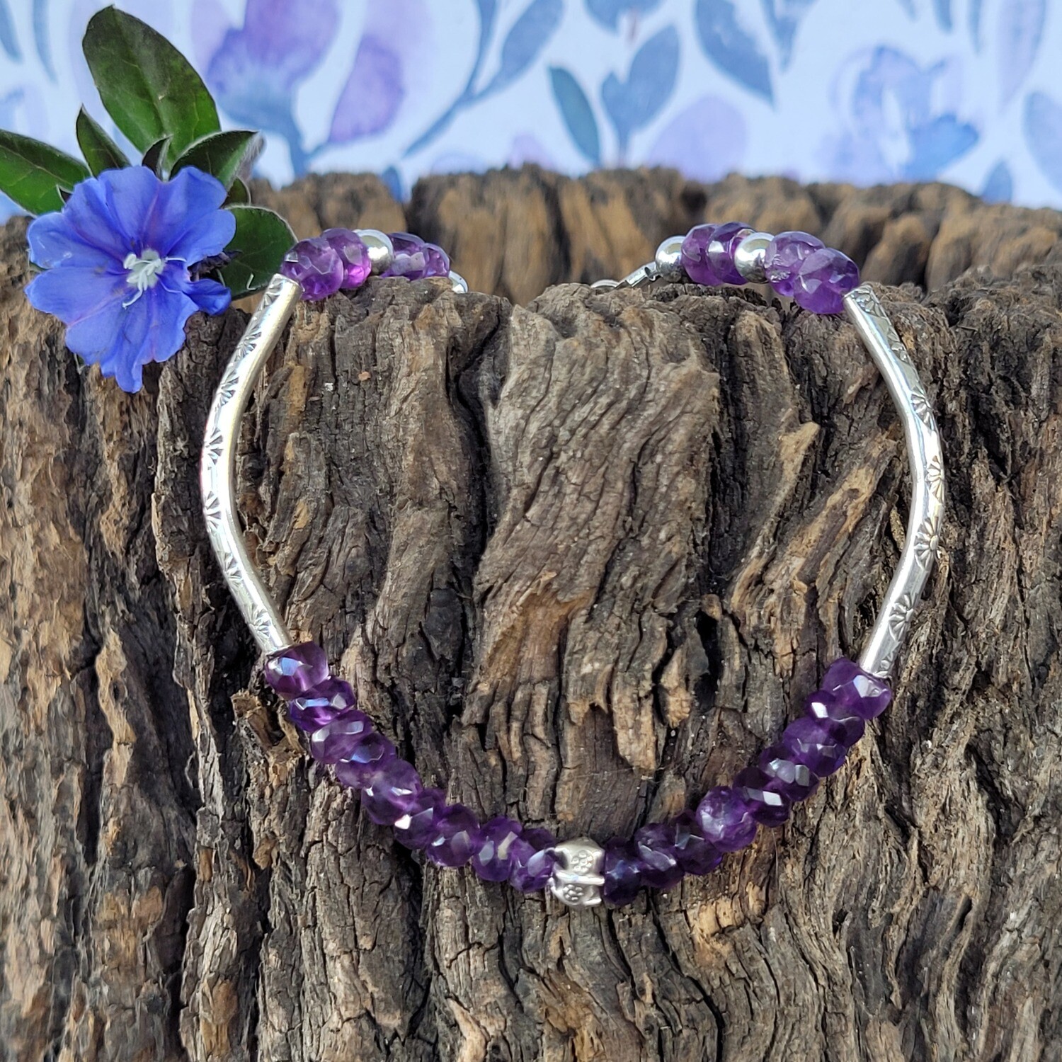 Amethyst and Sterling Silver Lotus Bracelet