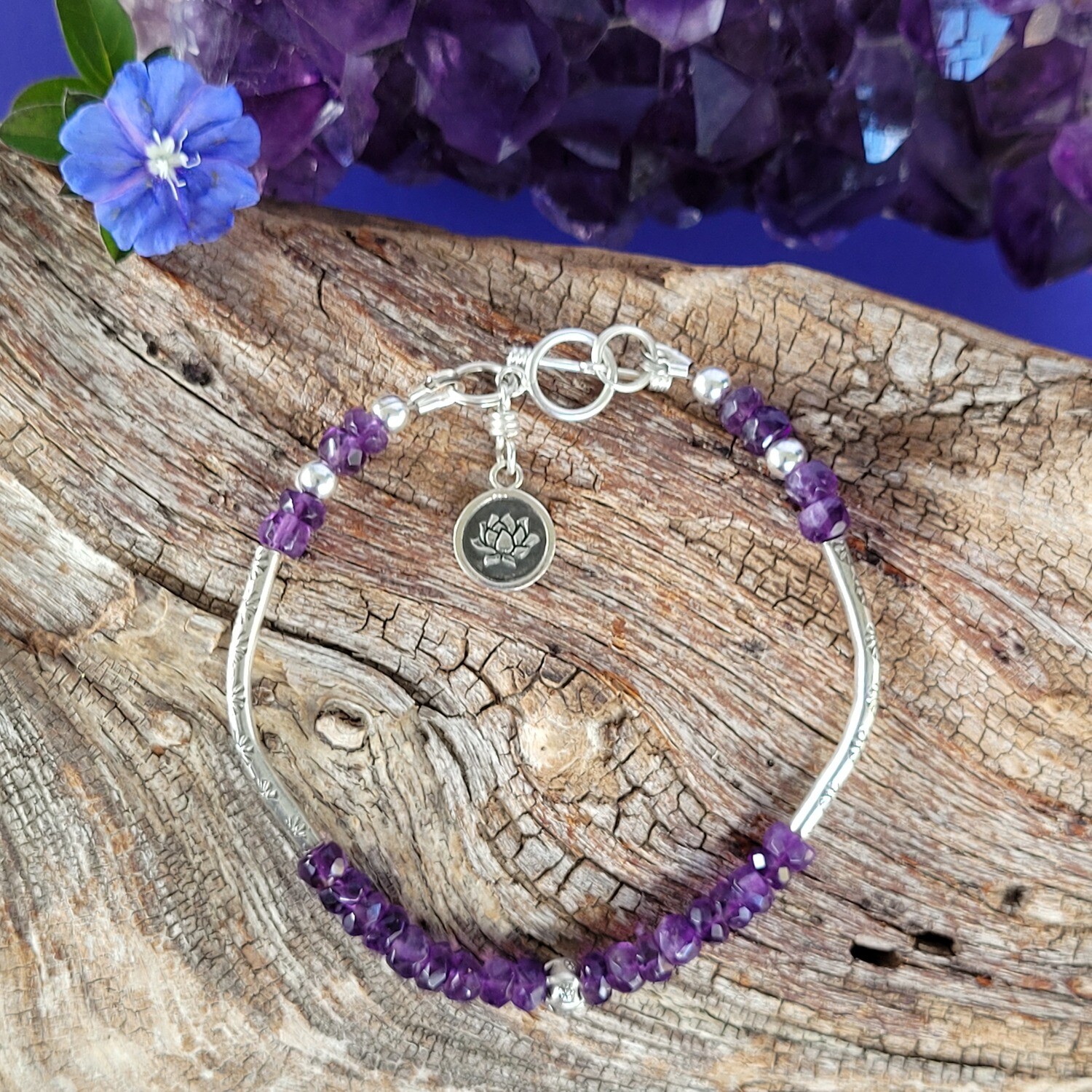 Amethyst and Sterling Silver Lotus Bracelet