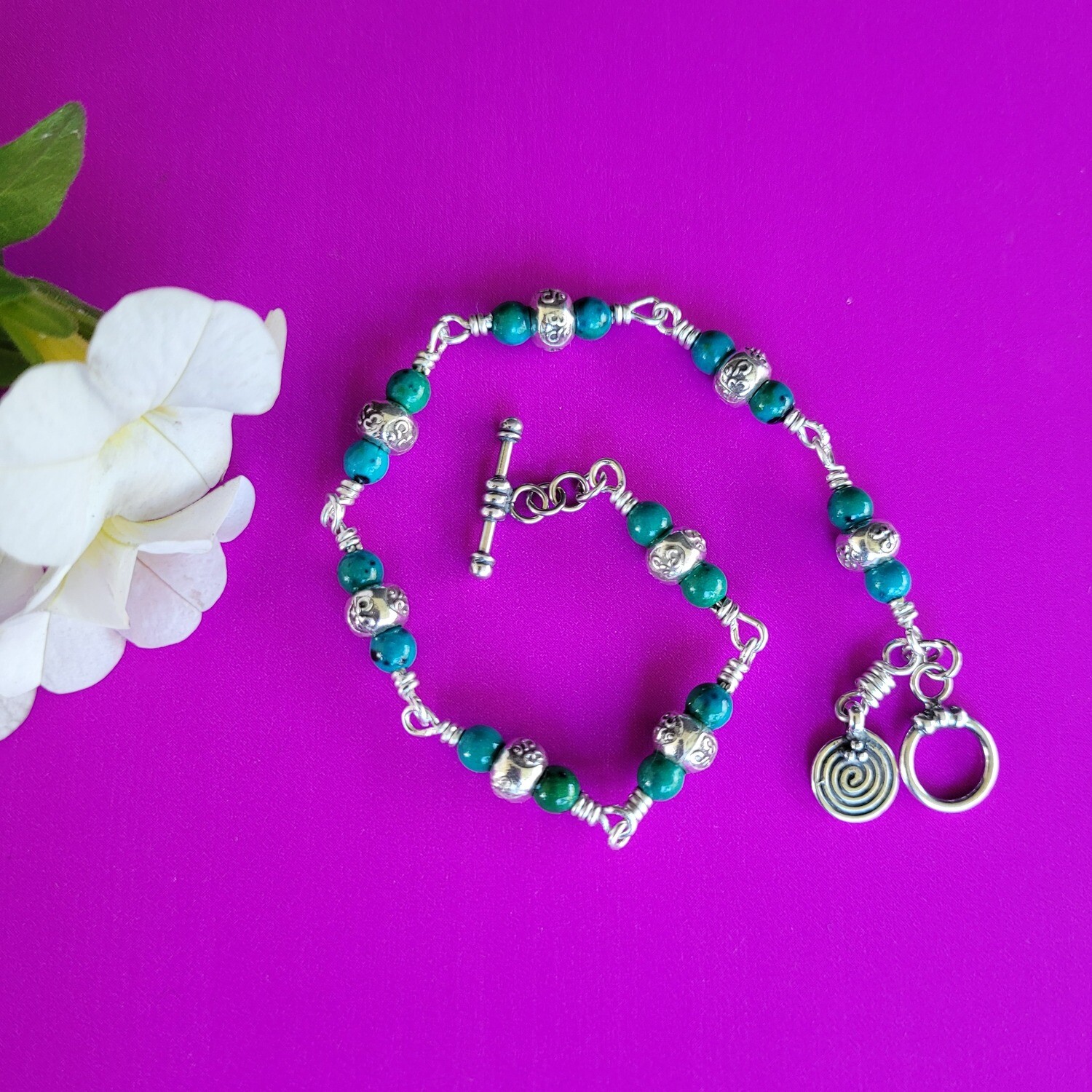 Azurite Chrysocolla and Sterling Silver linked Ohm Bracelet