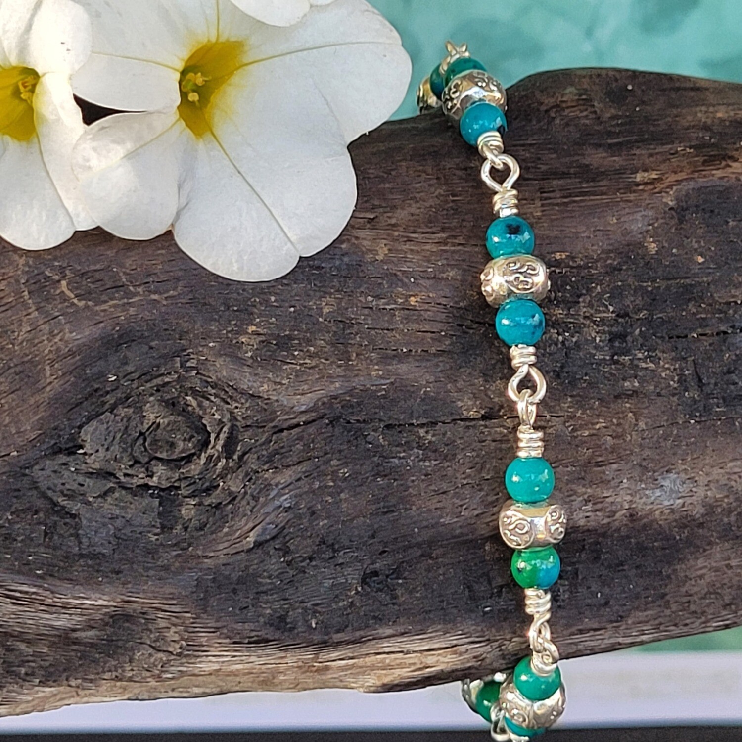 Azurite Chrysocolla and Sterling Silver linked Ohm Bracelet