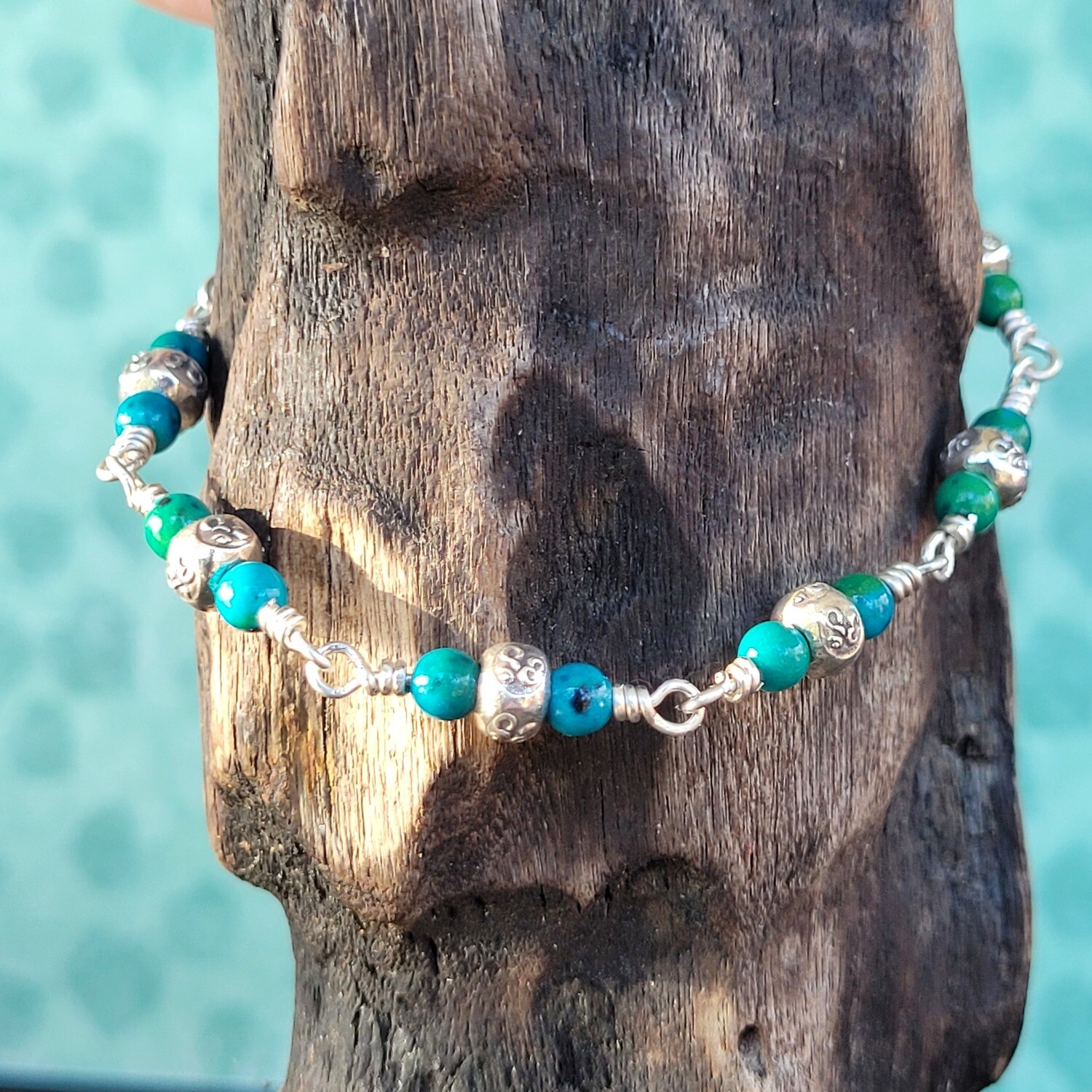 Azurite Chrysocolla and Sterling Silver linked Ohm Bracelet