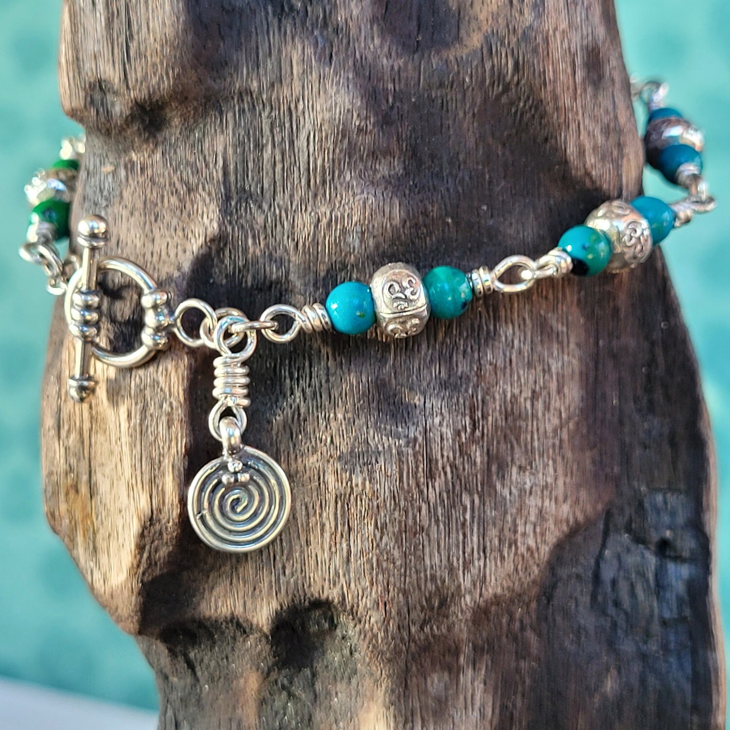 Azurite Chrysocolla and Sterling Silver linked Ohm Bracelet