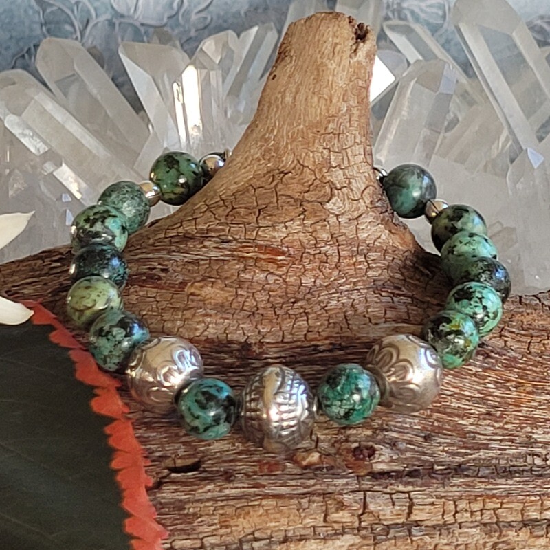 African Turquoise and Karen Hilltribe Silver Bracelet