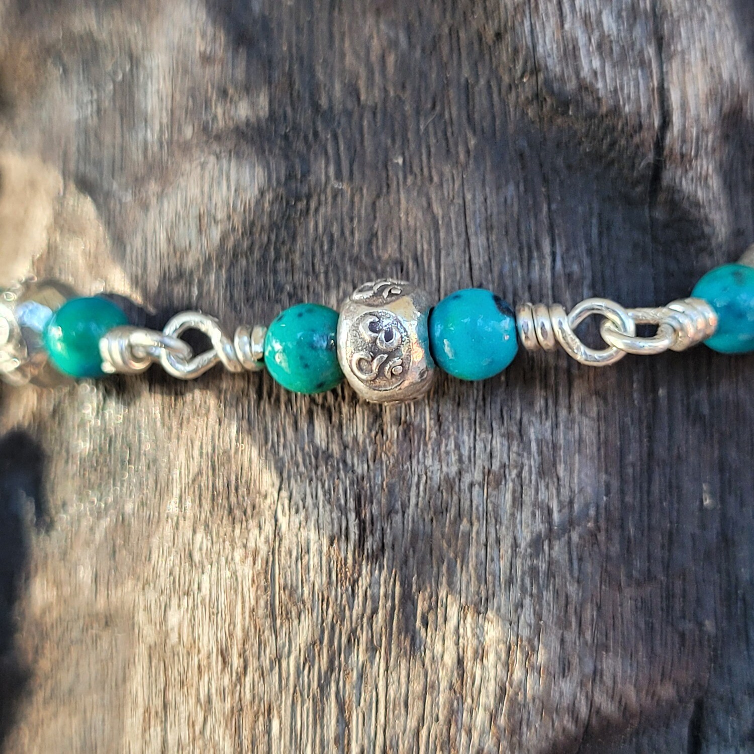Azurite Chrysocolla and Sterling Silver linked Ohm Bracelet