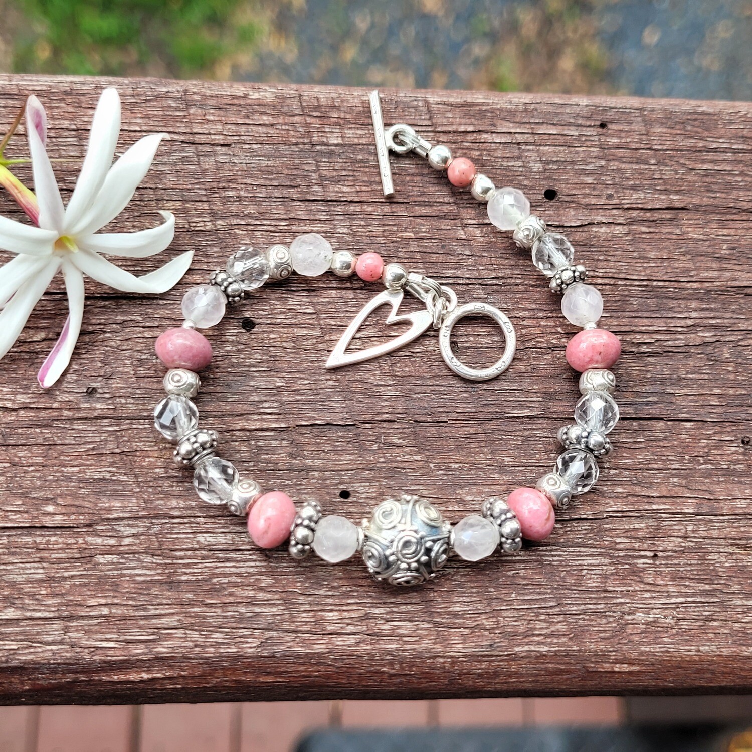 Rose Quartz, Clear Quartz, Rhodinite and Sterling Silver Love Bracelet