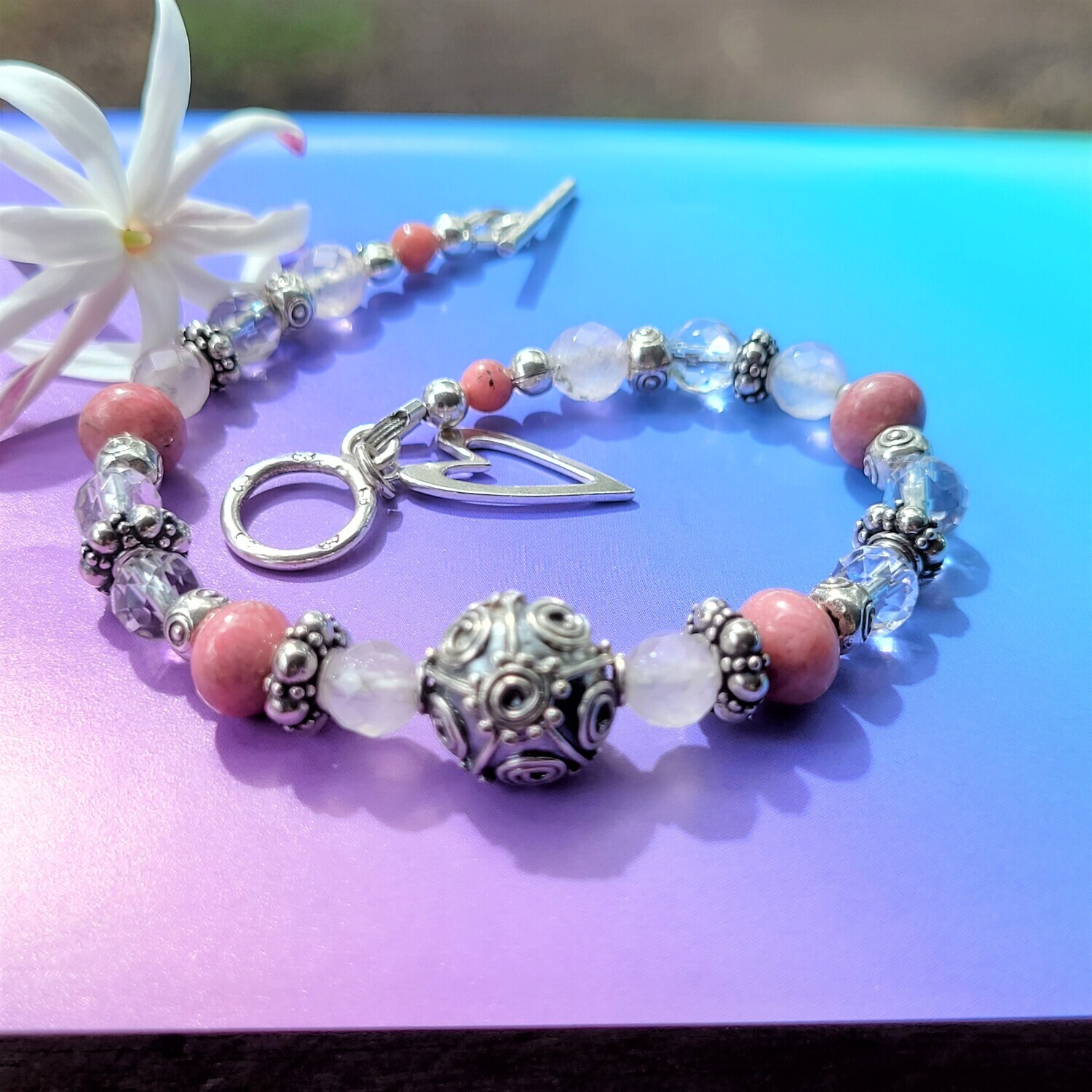 Rose Quartz, Clear Quartz, Rhodinite and Sterling Silver Love Bracelet