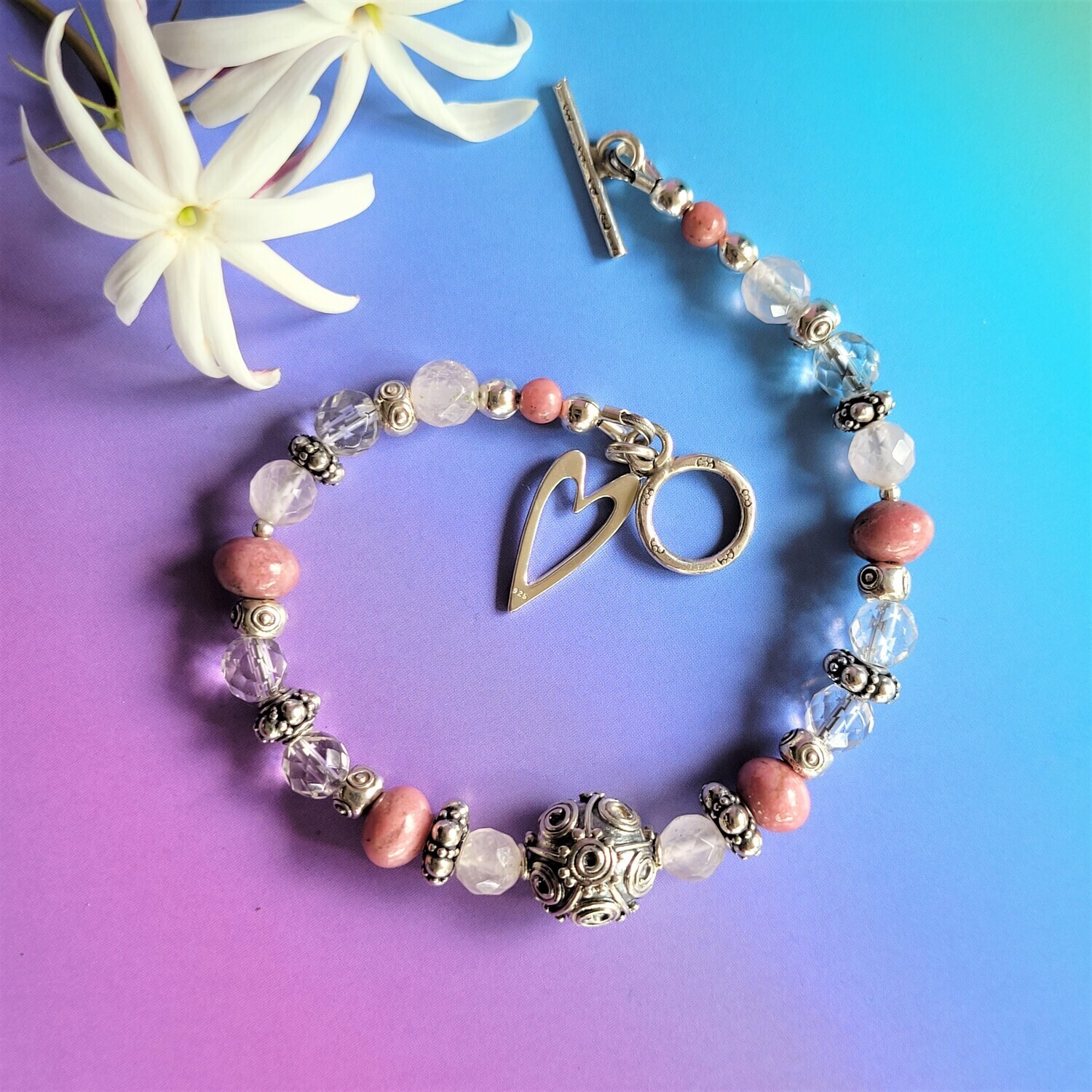 Rose Quartz, Clear Quartz, Rhodinite and Sterling Silver Love Bracelet