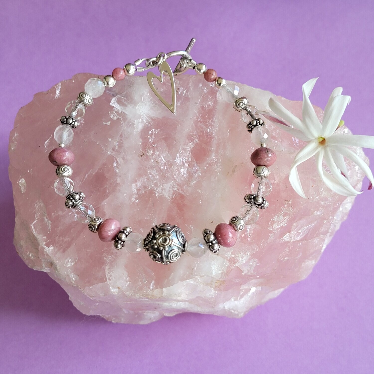Rose Quartz, Clear Quartz, Rhodinite and Sterling Silver Love Bracelet