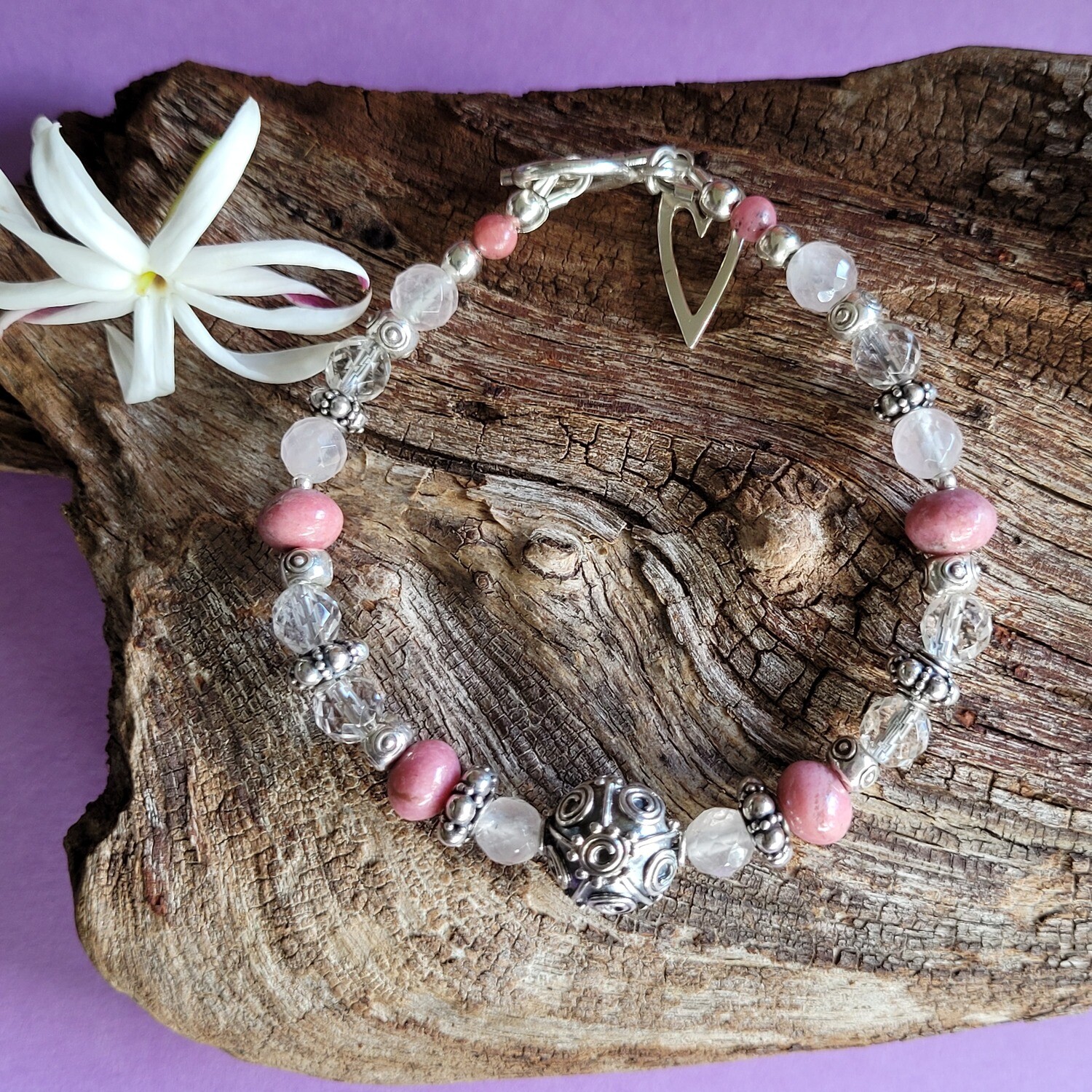 Rose Quartz, Clear Quartz, Rhodinite and Sterling Silver Love Bracelet