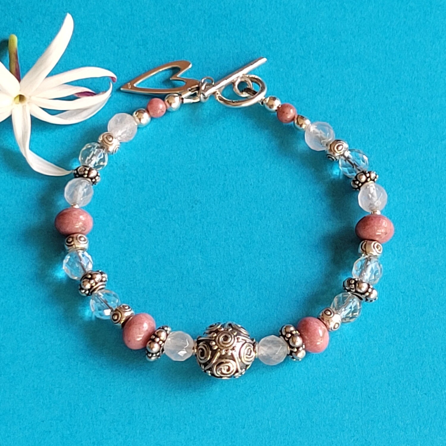 Rose Quartz, Clear Quartz, Rhodinite and Sterling Silver Love Bracelet