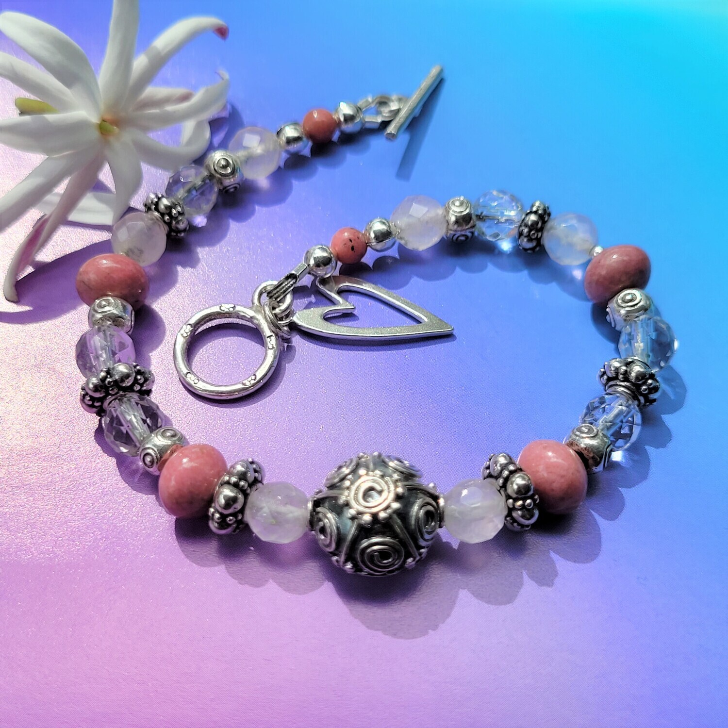 Rose Quartz, Clear Quartz, Rhodinite and Sterling Silver Love Bracelet