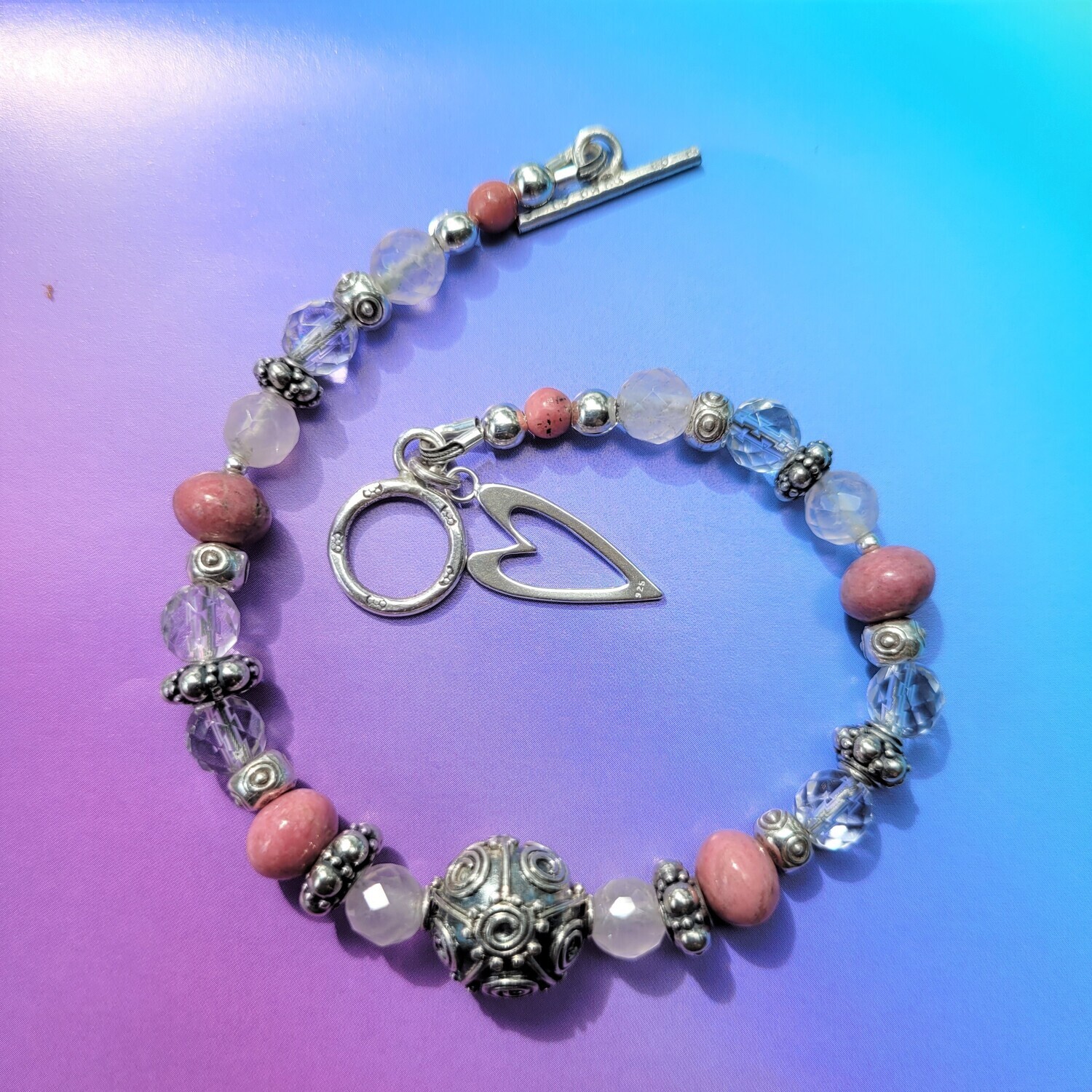 Rose Quartz, Clear Quartz, Rhodinite and Sterling Silver Love Bracelet