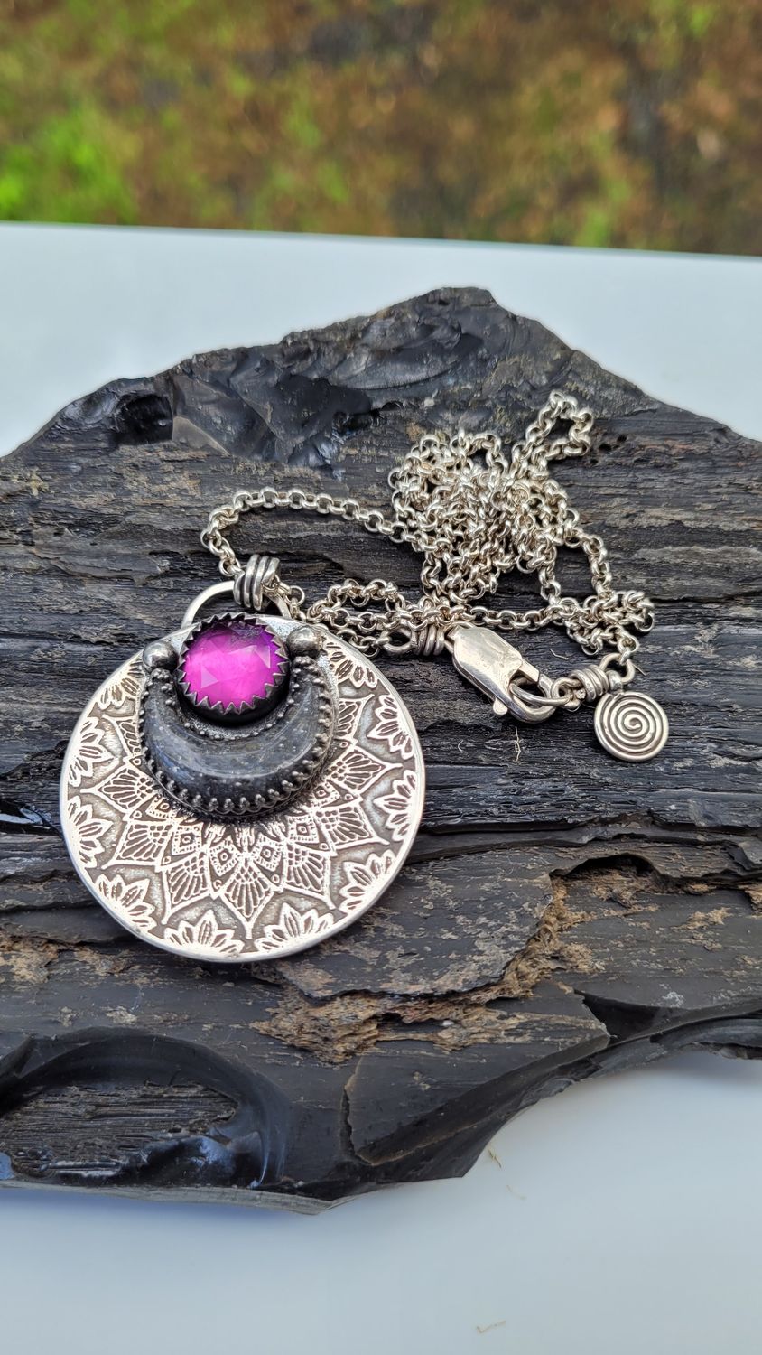 Amethyst &amp; Grey Sunstone &#39;Mandala Moon&#39; Pendant