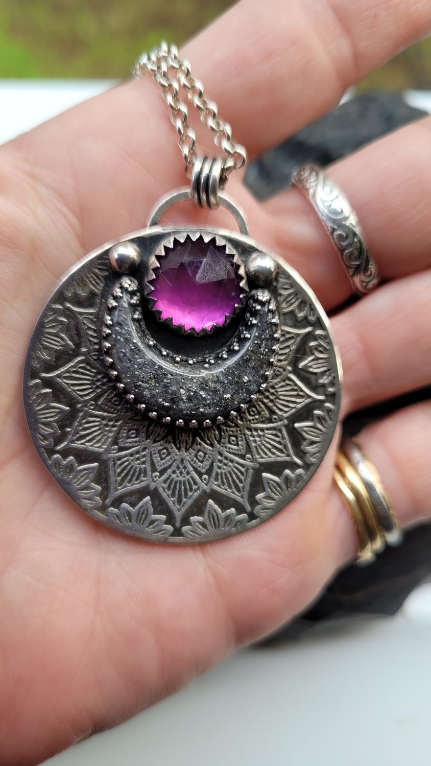 Amethyst &amp; Grey Sunstone &#39;Mandala Moon&#39; Pendant