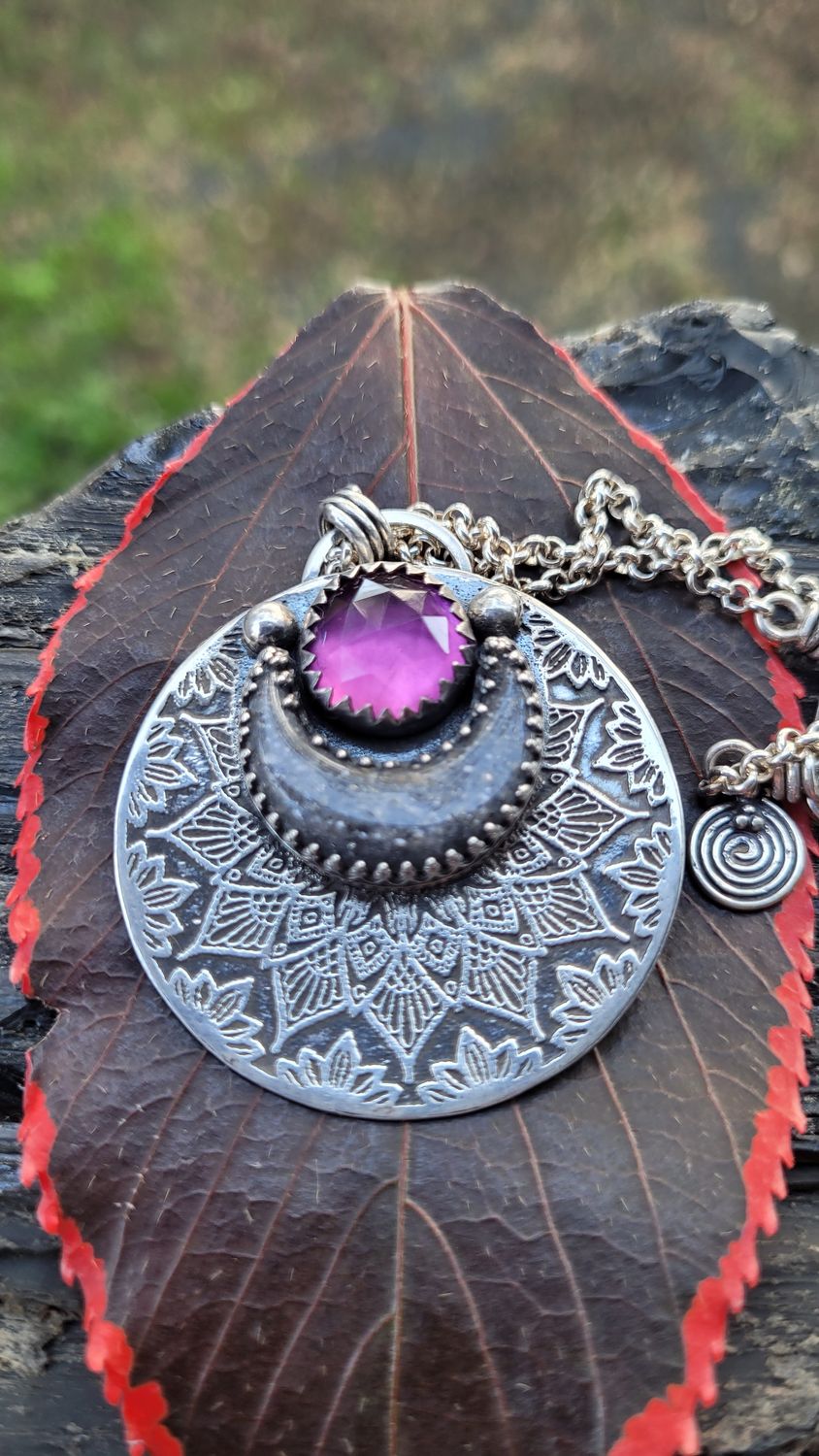 Amethyst &amp; Grey Sunstone &#39;Mandala Moon&#39; Pendant