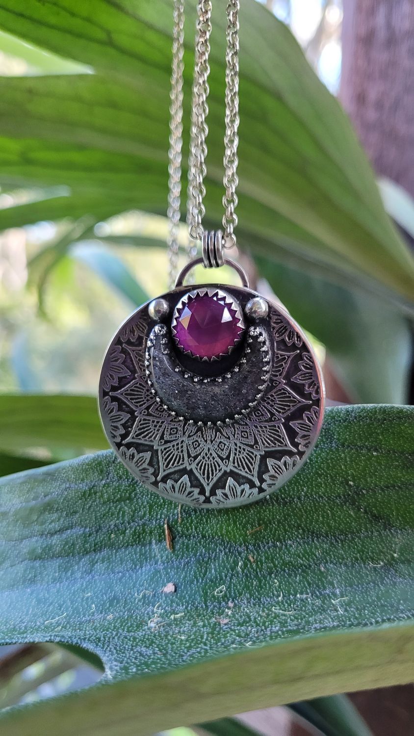 Amethyst &amp; Grey Sunstone &#39;Mandala Moon&#39; Pendant