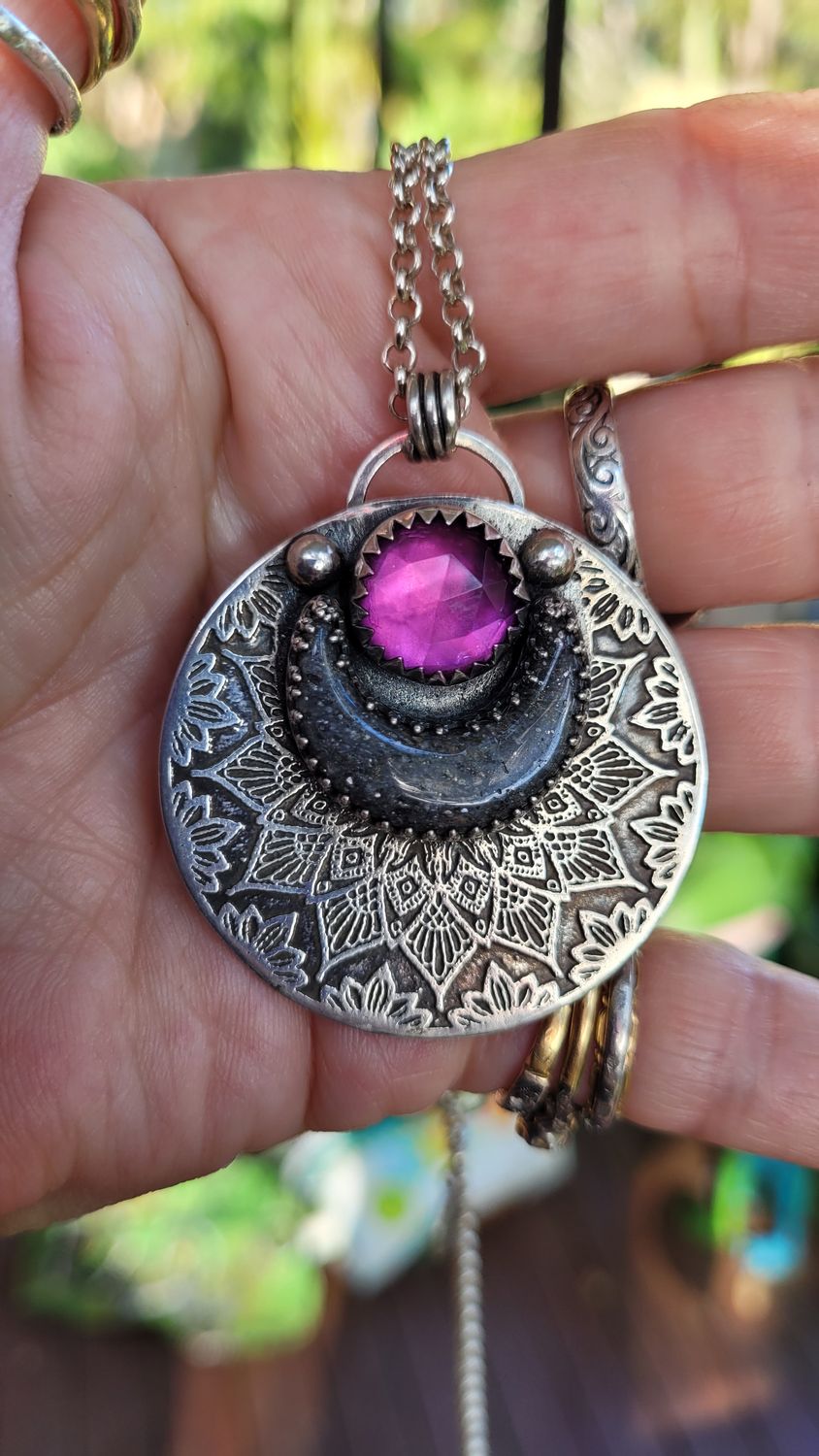 Amethyst &amp; Grey Sunstone &#39;Mandala Moon&#39; Pendant