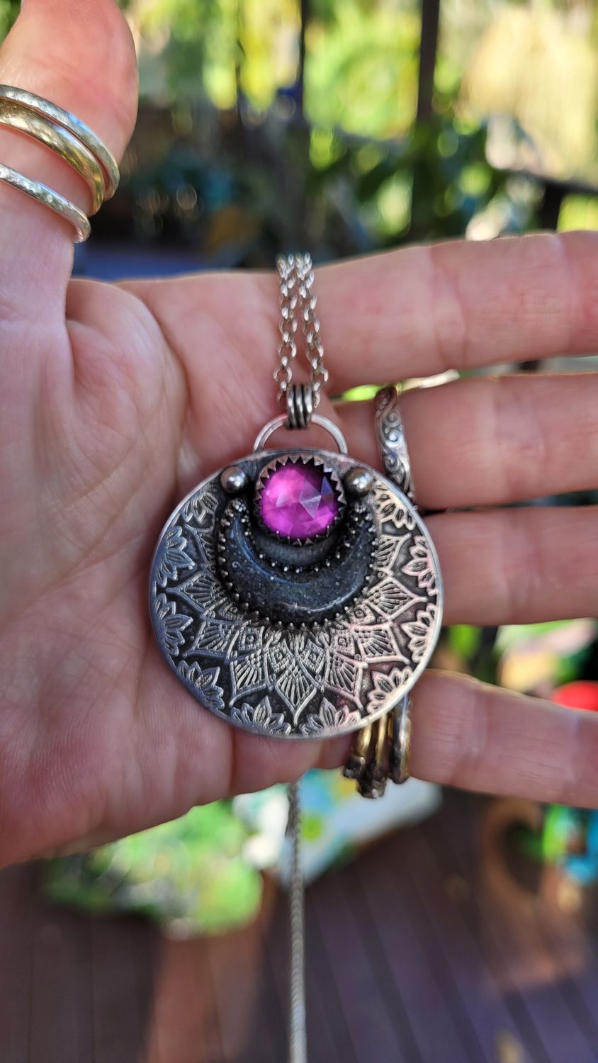 Amethyst &amp; Grey Sunstone &#39;Mandala Moon&#39; Pendant