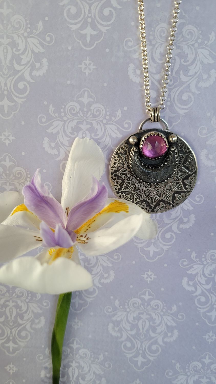 Amethyst &amp; Grey Sunstone &#39;Mandala Moon&#39; Pendant