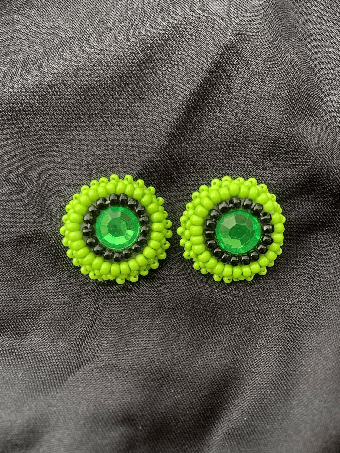 Mini Neon Green &amp; Black Beaded Earrings