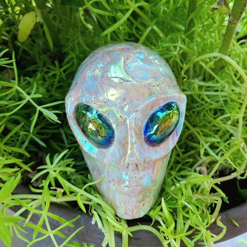 Blue Aura Aragonite Alien Skull