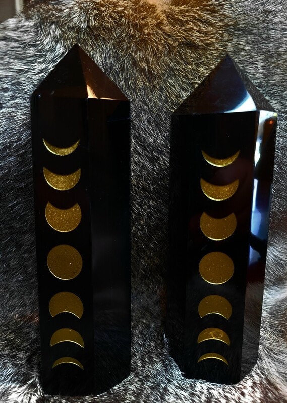 Black Obsidian with Gold Moon Phases/ Gold Stars