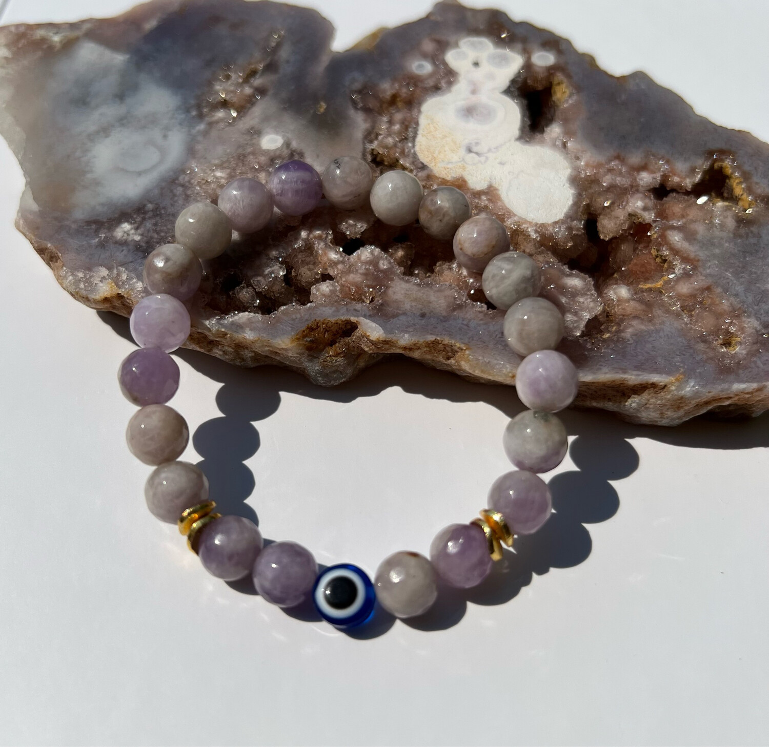 Pink Amethyst Evil Eye Bracelet, Charm color: Gold