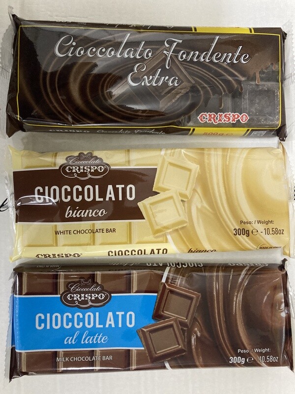 TAVOLETTE DI CIOCCOLATO 300 GR. CRISPO CIOCCOLATO FONDENTE EXTRA BIANCO LATTE