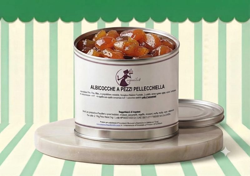 ALBICOCCHE PELLECCHIELLA CANDITE AL NATURALE (SENZA CONSERVANTI) A PEZZI,  LATTA DA 2 KG.