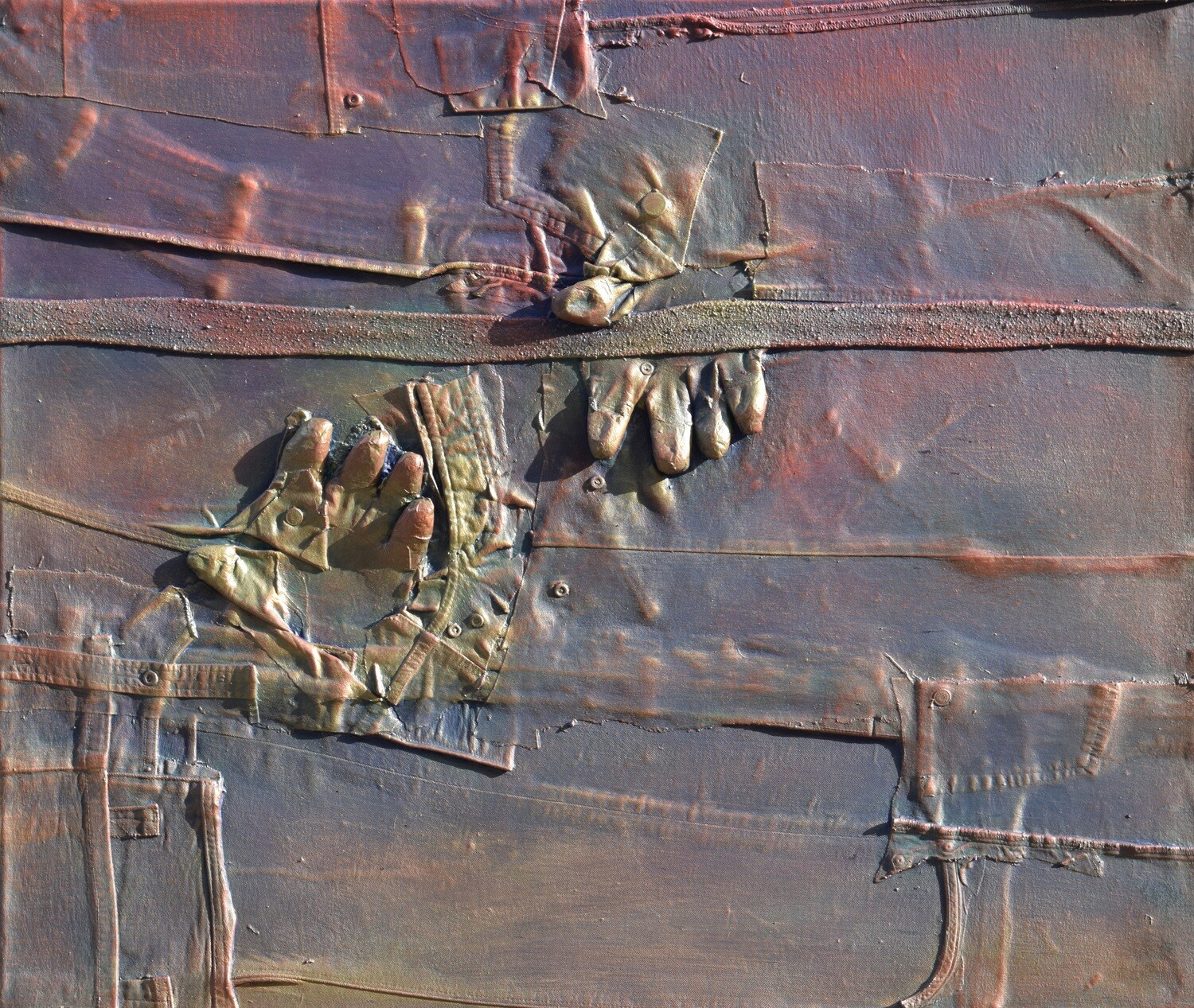 Collage  Clothes & Acrylic  With powder color pigment on Canvas on a wooden frame // Size: ca.  //Size : ca. 100 x 80 x 4 cm,