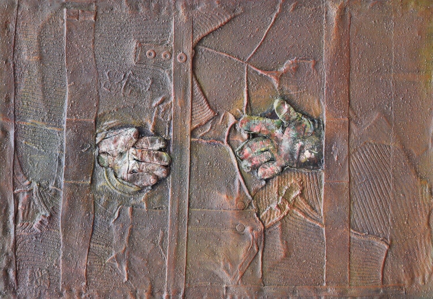 Collage /  Acryilc  Painting , Clothes on Two fabrics  Canvas// Size: ca. 70 x 100 x 2 cm,