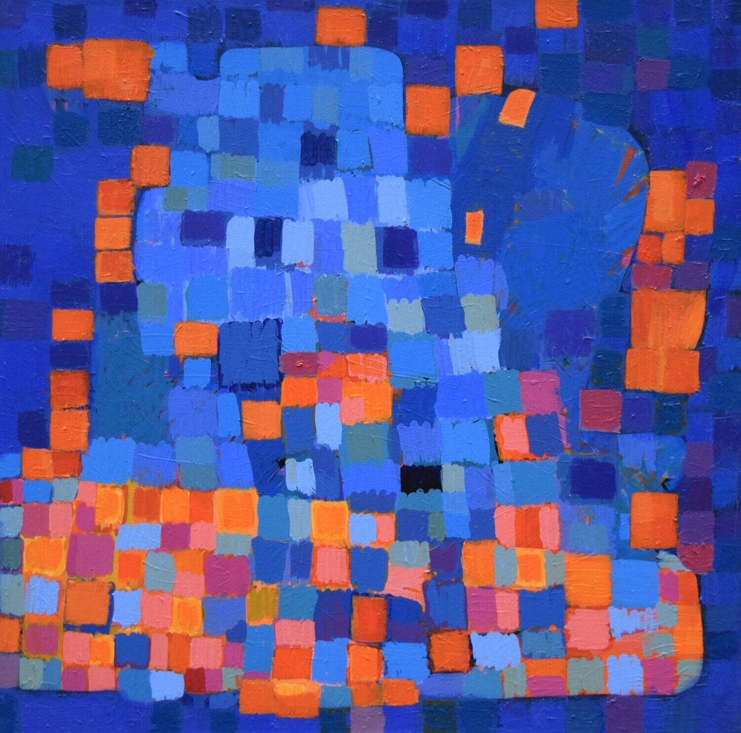 Blau und Orange, Collage: pigment on paper and canvas //Size : ca. 100 x 100 x 4 cm