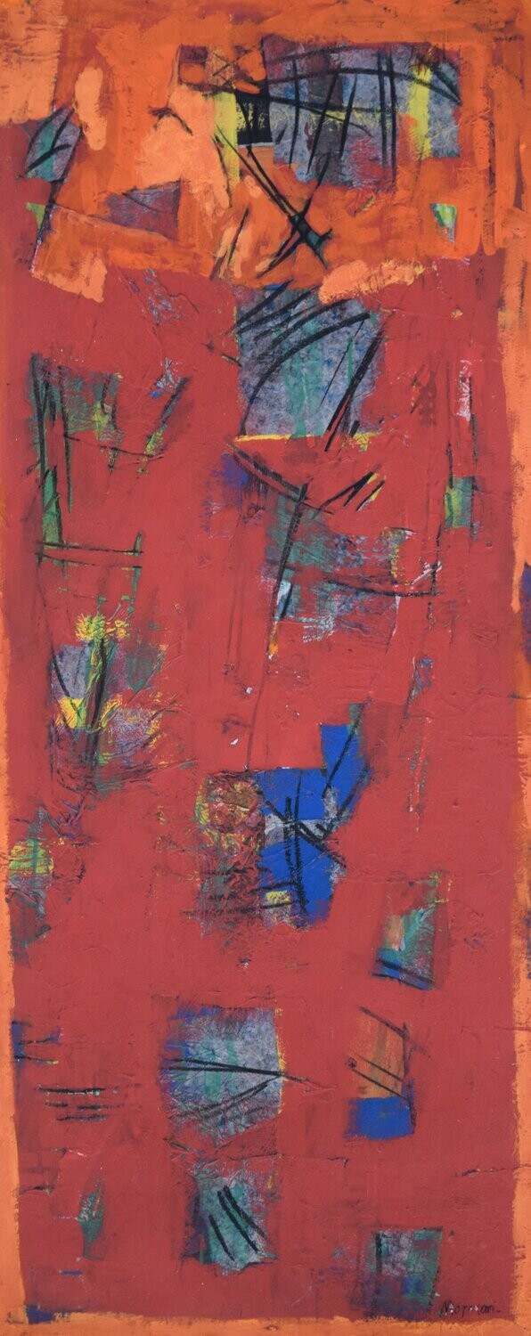 Collage​:  Pigment and acrylic on paper and  on canvas with wooden frame // Size: ca. 30 x 100 x 4 cm,