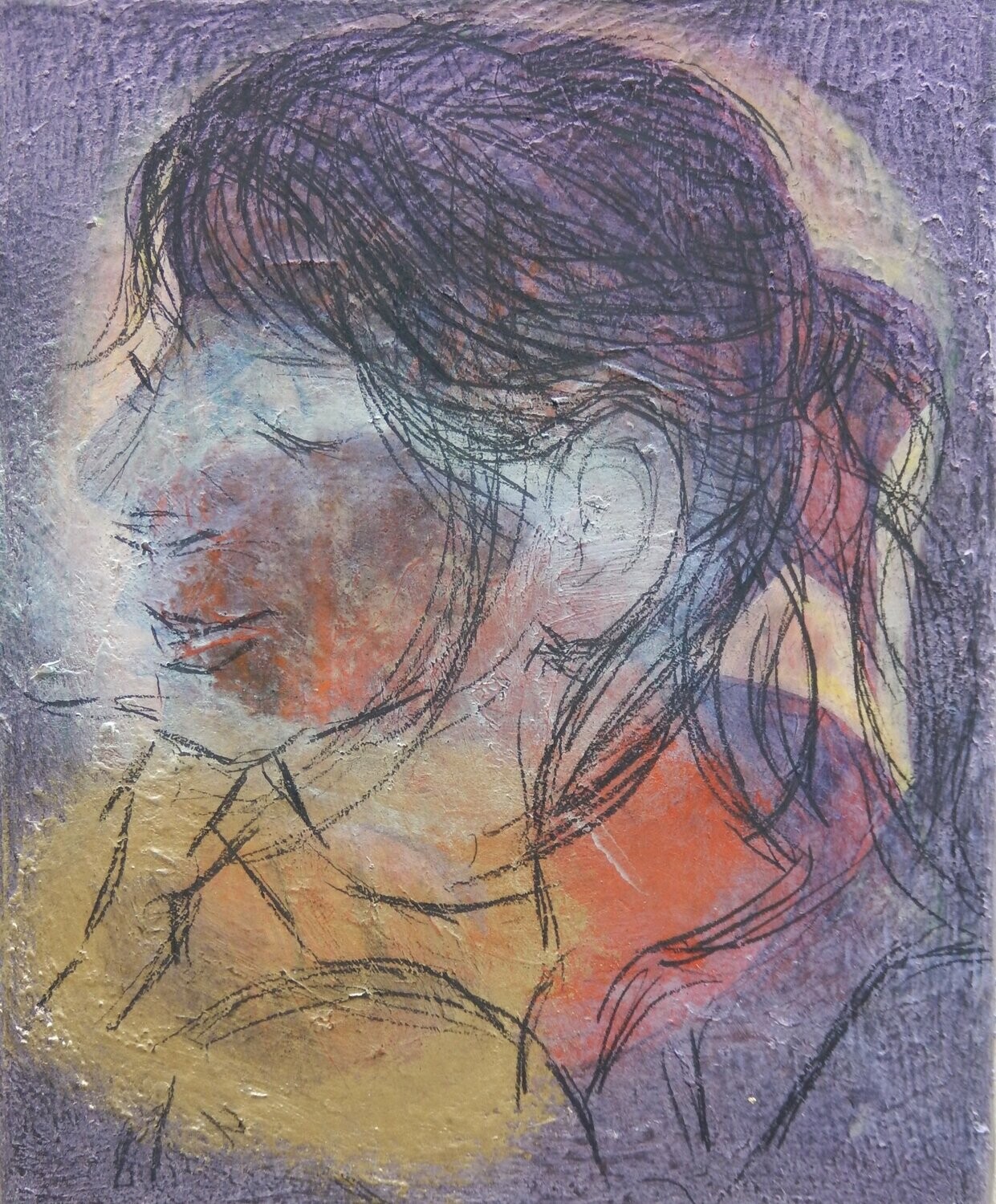 Collage  Clothes & Acrylic  With powder color pigment on Canvas on a wooden frame // Size: ca.. 20 x 28 x4 cm,