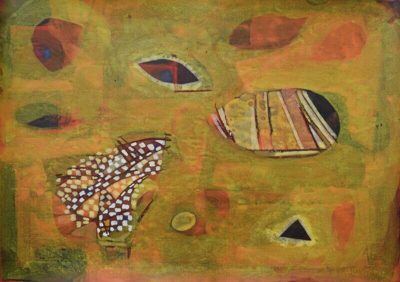Acrylic on paper and their collage on canvas with wooden frame // Size: ca..30 x 40 x 4 cm Acrylic on paper and their collage on canvas with wooden frame // Size: ca..30 x 40 x 4 cm