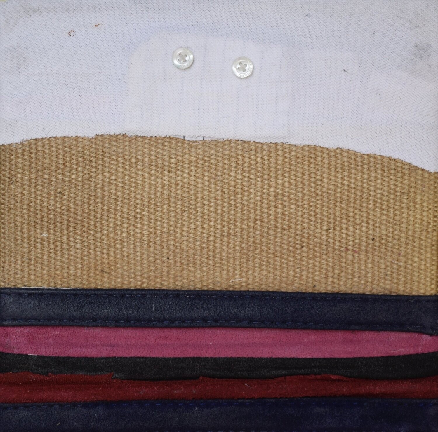 Collage  Clothes & Acrylic  With powder color pigment on Canvas on a wooden frame // Size: ca. 20 x 20 x 4 cm,