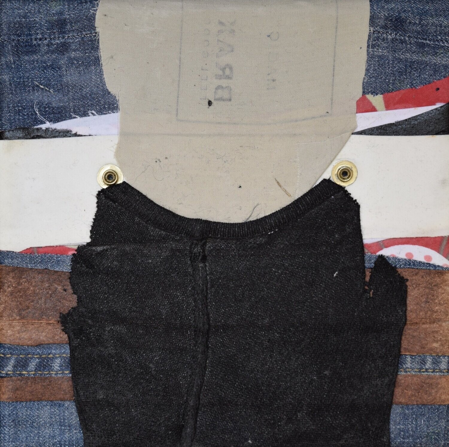 Collage  Clothes & Acrylic  With powder color pigment on Canvas on a wooden frame // Size: ca. 20 x 20 x 4 cm,