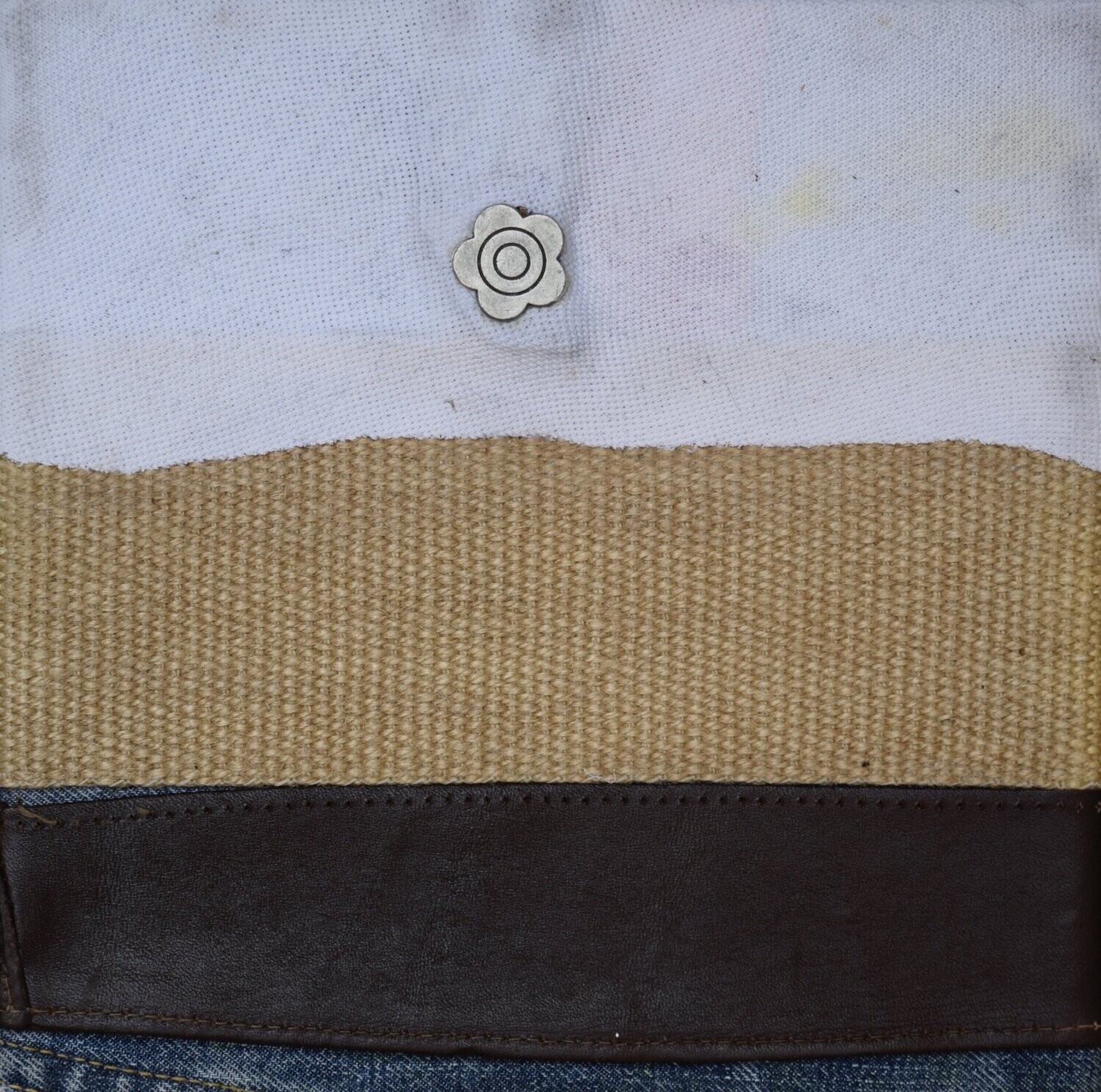 Collage  Clothes & Acrylic  With powder color pigment on Canvas on a wooden frame // Size: ca. 20 x 20 x 2 cm,