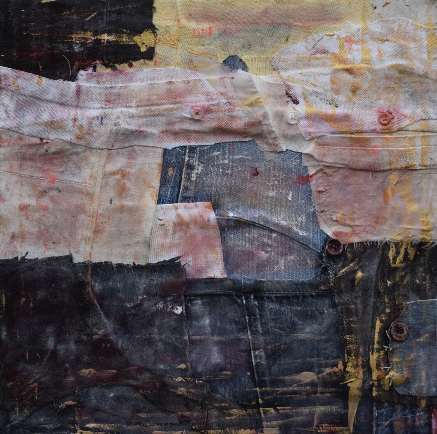 Collage Clothes  on Two fabrics  Canvas // Size : ca. 25x 25 x 2 cm,