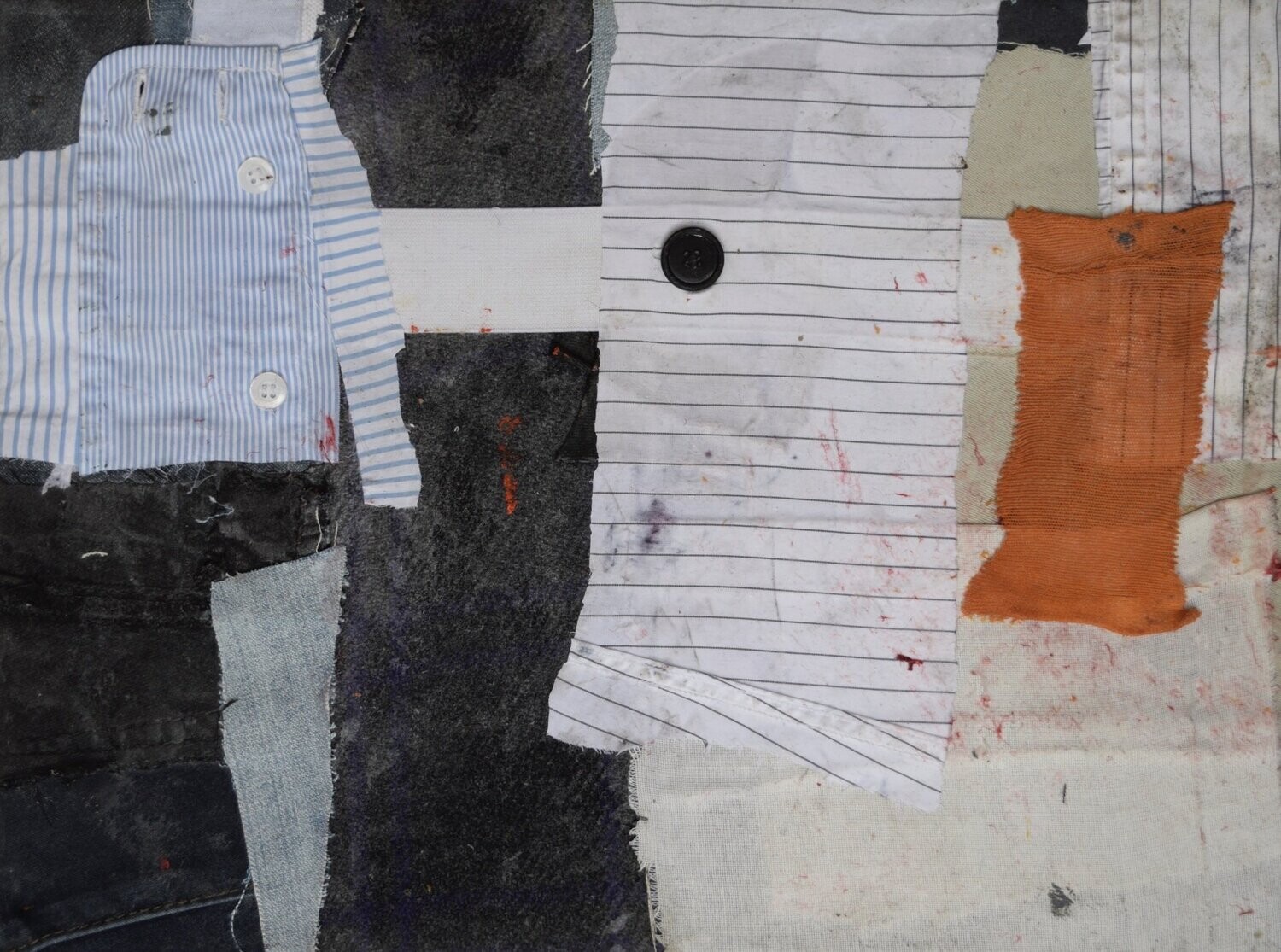 Collage  Clothes & Acrylic  With powder color pigment on Canvas on a wooden frame // Size: ca. 30 x 40 x 4 cm,