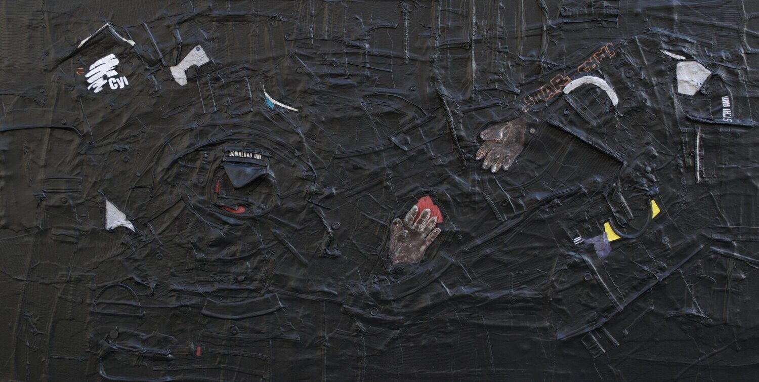 Collage /  , black /star wars , Collage Clothes  on Two fabrics  Canvas   / size: ca.130 x 230 x 5 cm,
