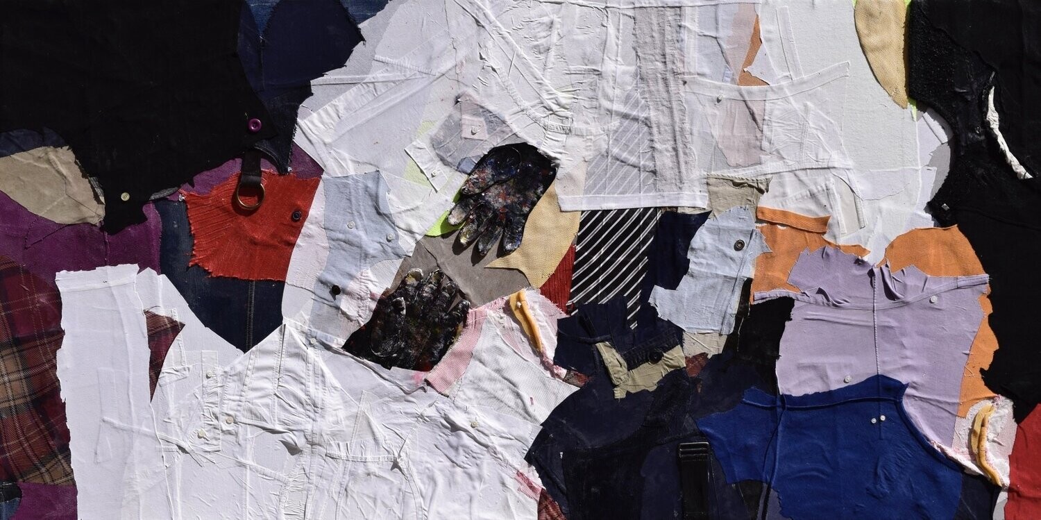 Collage  Clothes & Acrylic  With powder color pigment on Canvas on a wooden frame // Size: ca. 100 x 200 x 4 cm,